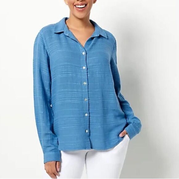 Side Stitch Petite Soft-Textured Slub Stripe Button-Down Top - Picture 1 of 7